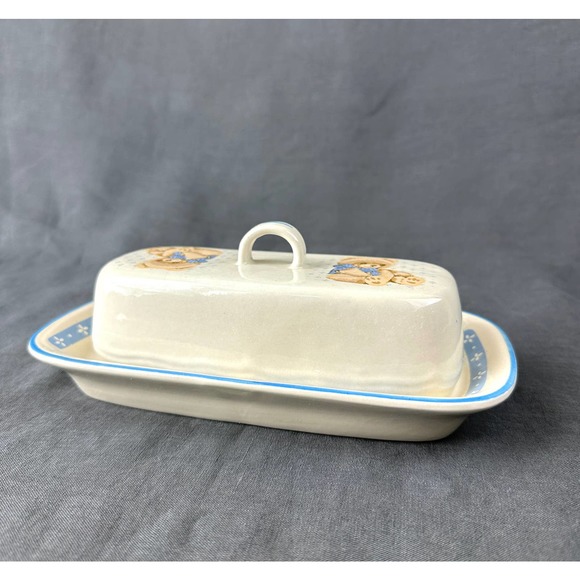 Vintage 1990 Tienshan Stoneware Teddy Bear Covered Butter Dish - Picture 4 of 8